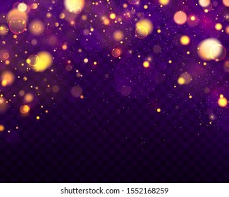 Festive Purple And Golden Luminous Background With Colorful Lights Bokeh. Christmas Concept Xmas Greeting Card. Magic Holiday Poster, Banner. Night Bright Gold Sparkles Vector Light Abstract