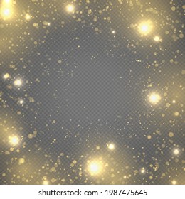 Festive purple and golden luminous background. The dust sparks and golden stars shine with special light. Bokeh lights effect isolated on transparent background. Christmas concept. Vector illustration