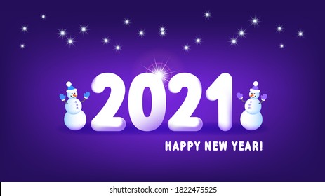 Festive purple poster. Happy new year 2021. Two snowmen and many radiant stars. Bright glow with halo. EPS10