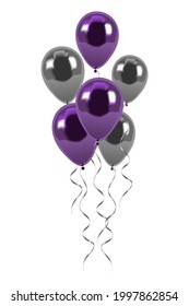Festive purple and silver balloons fly under the ceiling. Festive concept. Vector illustration.