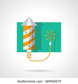 Festive Pyrotechnics. Yellow Striped Fireworks Rocket With Fuse. Fun Party And Celebration. Flat Color Style Vector Icon. Element For Web Design, Business, Mobile App.