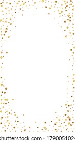Festive quaint confetti. Celebration stars. Sparse gold confetti on white background. Favorable festive overlay template. Vertical vector background.