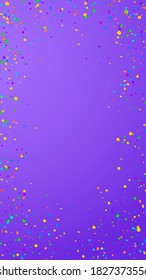 Festive quaint confetti. Celebration stars. Bright confetti on violet background. Fascinating festive overlay template. Vertical vector background.