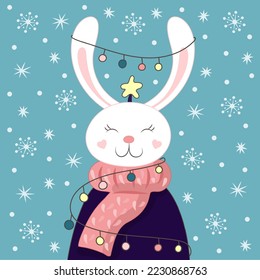 The festive rabbit is decorated with Christmas toys. Happy New Year 2023. Cute wildlife animal bunny. Vector illustration.