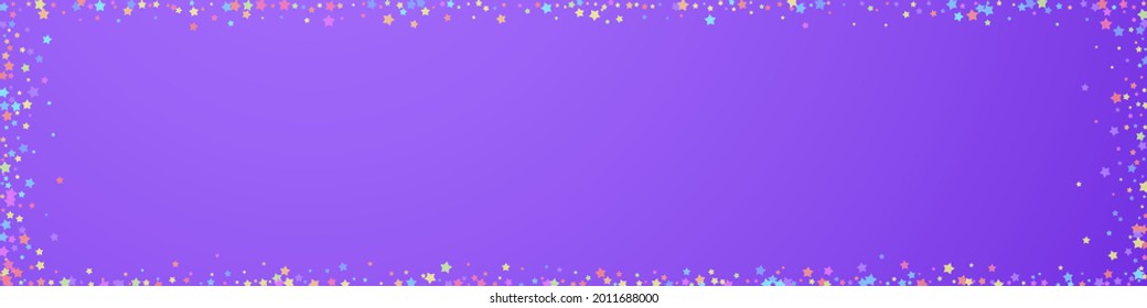 Festive radiant confetti. Celebration stars. Colorful stars on violet background. Alive festive overlay template. Panoramic vector background.