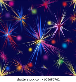 Festive rainbow seamless pattern with stylized firerwork