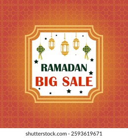 A festive Ramadan Big Sale design featuring traditional lanterns, ketupat icons, stars, and a geometric pattern background, perfect for promotional banners, social media posts, or festive advertisemen
