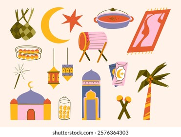 Festive Ramadan and Eid Celebrating Tradition. Icon set featuring traditional Ramadan and Eid elements, including ketupat, lanterns, mosque, crescent moon, and sweets, perfect for festive designs.