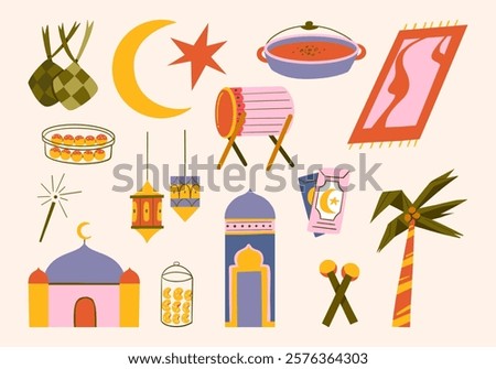 Festive Ramadan and Eid Celebrating Tradition. Icon set featuring traditional Ramadan and Eid elements, including ketupat, lanterns, mosque, crescent moon, and sweets, perfect for festive designs.
