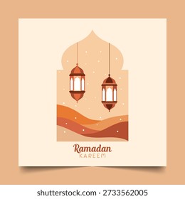 A festive Ramadan greeting card featuring hanging lanterns within an arch frame, set against stylized desert dunes in warm orange and beige tones