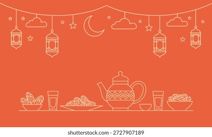 Escena festiva de Ramadán Iftar con tetera e ilustración de bocadillos