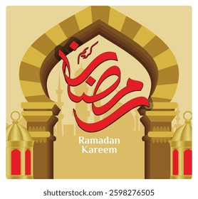 A festive Ramadan Kareem design featuring typography, architecture, and lanterns. Symbolizes the spiritual and cultural importance of the Islamic holy month. Ramadan concept. Flat vector illustration.