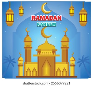 Festive Ramadan Kareem featuring a golden mosque with crescent symbols, lanterns, and palm trees. Celebrating the Islamic holy month with vibrant and spiritual imagery. Flat vector modern illustration