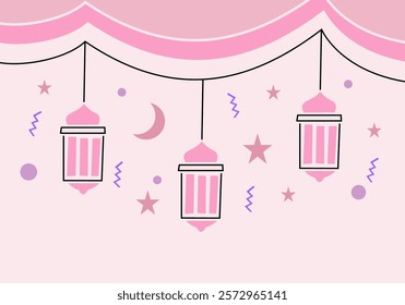 Festive Ramadan Kareem greeting card with a simple illustration of hanging lanterns, crescent moon, stars, and decorative.