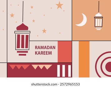 Festive Ramadan Kareem greeting card with a simple illustration of hanging lanterns, crescent moon, stars, and decorative.