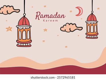 Festive Ramadan Kareem greeting card with a simple illustration of hanging lanterns, crescent moon, stars, and decorative.