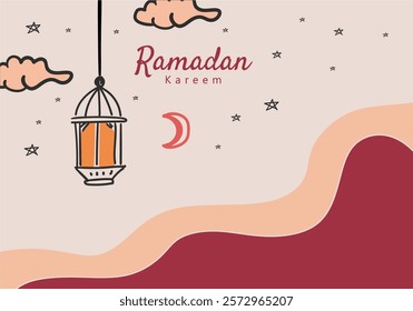 Festive Ramadan Kareem greeting card with a simple illustration of hanging lanterns, crescent moon, stars, and decorative.