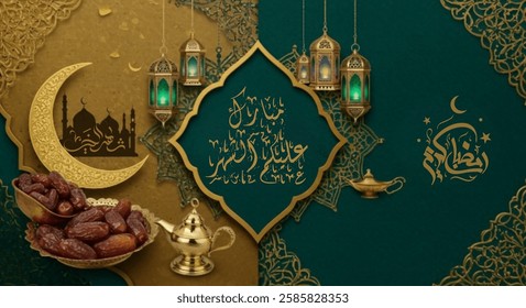 A festive Ramadan Kareem greeting card featuring traditional Islamic elements. The design showcases a beautifully crafted crescent moon, intricate Arabic calligraphy, and elegant lanterns. The color p