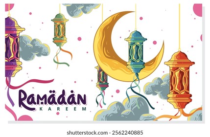 A festive Ramadan Kareem illustration featuring colorful hanging lanterns, a crescent moon, and stylized clouds.