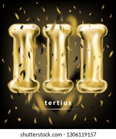 Festive rating roman digit three, gold balloon and foil confetti on the black background