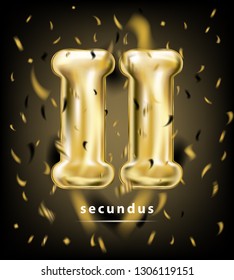 Festive rating roman digit two, gold balloon and foil confetti on the black background