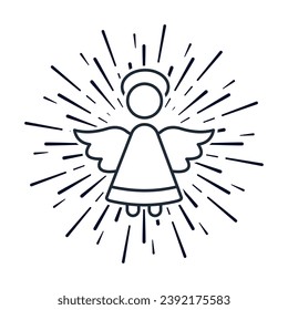  Festive rays of light and angel.  Vector linear illustration icon isolated on white background.