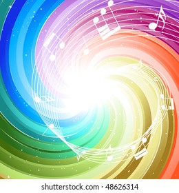 Festive rays with many stars and notes. Vector illustration.