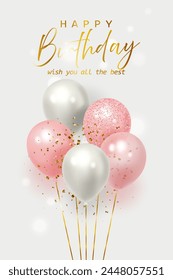 Festliche realistische Ballons. Celebration Design mit rosa und weißen Ballons mit zufälligen fliegenden Goldfunkeln und Glitzerkonfetti. Happy Birthday Vorlage Card, 3D-Vektorillustration