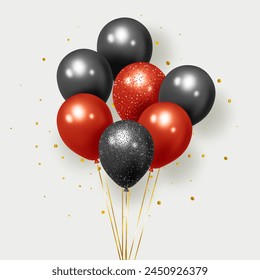 Festive realistic balloons. Celebration design with Black and REd balloons with random flying glitter confetti