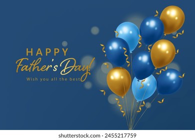 Festive Realistic blue and gold balloons. Happy Father’s Day template, 3D Realistic Vector Illustration