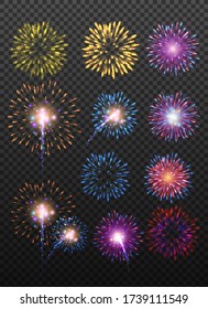 Festive realistic firework bursting in various shapes sparkling pictograms set against black background abstract vector isolated illustration.