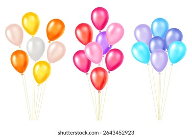 Festive realistic inflatable multicolored balloons. Birthday helium spheres bunch. Inflated air balls flying. Celebration decorations. Helium bubbles group. Vector holiday party floating objects set