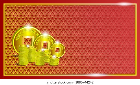 Festive red asian poster. 3d stacks of gold Chinese coins with a square hole. Large tokens, inscription Year of the Bull 2021. Textures from fans in a frame and glow. EPS10