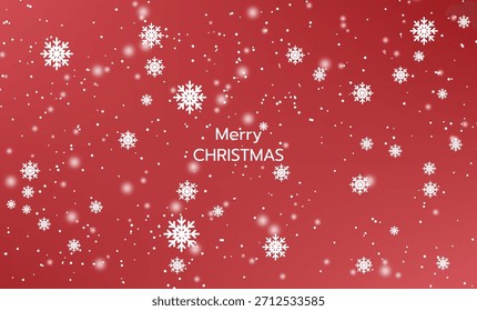 Um fundo vermelho festivo com flocos de neve e poeira de neve, apresentando o texto "Feliz Natal" no centro, ideal para cartões de férias, banners e saudações de inverno.