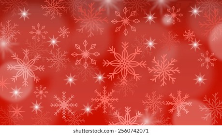 A festive red background filled with various snowflakes and sparkling lights, enhancing winter joy.