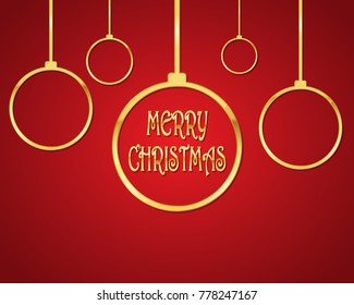 Festive red background with golden christmas balls and Merry Christmas text. Vector illustration. Holiday greeting