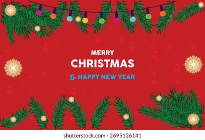 Festive red background with golden decorations, Christmas tree, and elegant white and blue text. Perfect Merry Christmas and Happy New Year greeting design for holiday celebration and invitations.