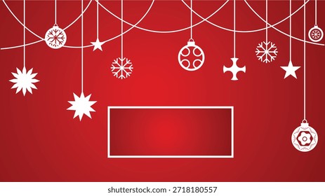 Festive red background with hanging white christmas ornaments and snowflakes and a blank frame