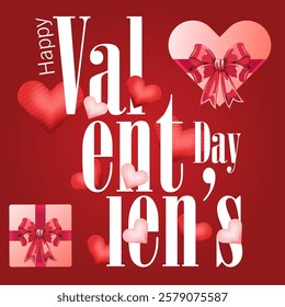 A festive red background with scattered pink and red hearts symbolizes love Happy Valentine's Day is written in elegant script with a gift box wrapped in a red ribbon adding charm