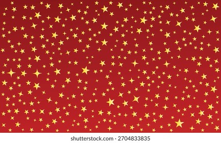Fondo rojo festivo con estrellas dispersas amarillas y doradas. Patrón vibrante de la celebración para la decoración de Festiva, invitaciones del partido, telones de fondo del acontecimiento, papel de regalo, o Diseños digitales estacionales