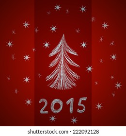 Festive red background with sketch digits 2015, snowflakes and Christmas tree, hand-drawn illustration. Xmas picture for your cover design, greeting cards or invitations.