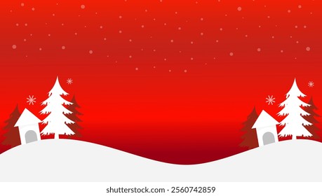 A festive red background with snow-covered hills, white houses, and evergreen trees, radiating holiday spirit