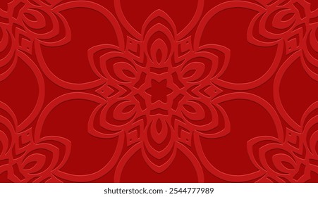 Fondo rojo festivo, diseño de la cubierta tribal, Anuncio. Patrón floral geométrico 3D, en relieve. Adornos de Antiguas, arabescos, mandala del Este, Asia, India, México, Azteca, Perú. Estampado étnico.