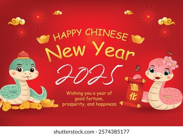 A festive red background with two adorable cartoon snakes celebrating Chinese New Year 2025.