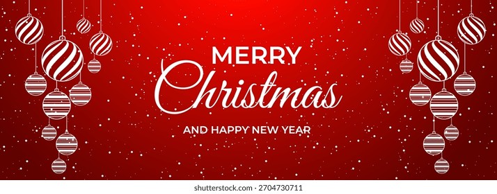 A festive red background with white snowflakes and hanging ornaments, wishing Merry Christmas and Happy New Year.