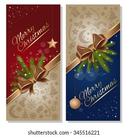 Festive red and blue background with gold ribbon and bow. Design elements for Christmas and New Year. Vector flyer template.