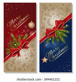 Festive red and blue background with red ribbon and bow, and design elements for Christmas and New Year. Vector flyer template.