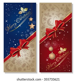 Festive red and blue background with red ribbon and bow, and design elements for Christmas and New Year. Vector illustration.