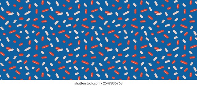 Festivo vermelho, azul e branco confete e asperge padrão sem emenda. Cores da bandeira nacional. Plano de fundo repetitivo, ilustração vetorial para feriado, aniversário, embrulho de presente.