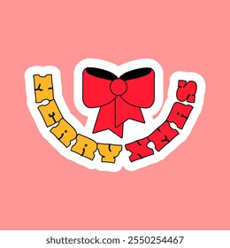 Festive red bow with inscription Merry Christmas. New Year velcro for decorating gift or card in style of 2000. Cartoon Y2K retro sticker on pink background